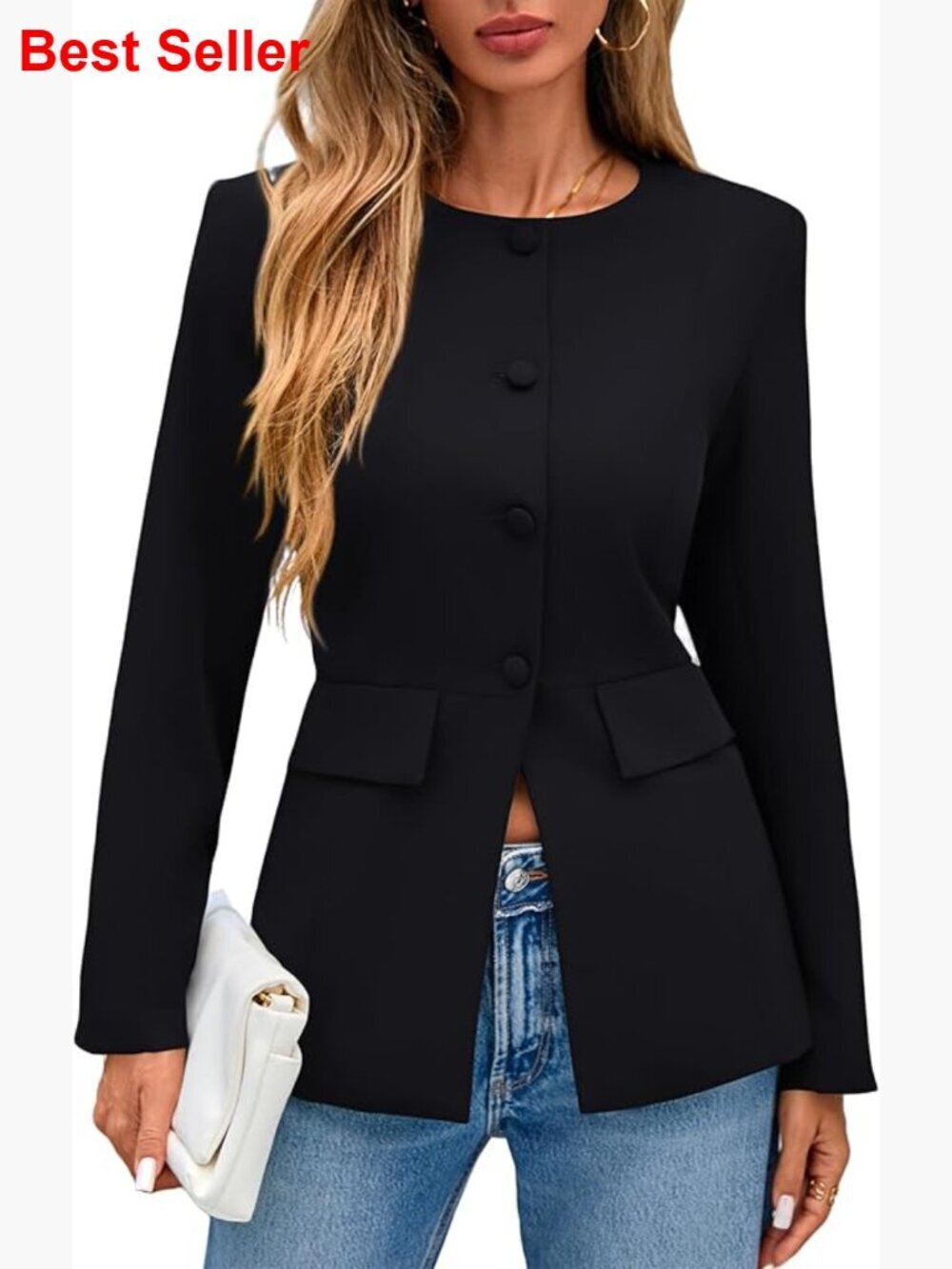 Long Sleeve Crewneck Button Down Blazer with Pockets, Polyester Elastane